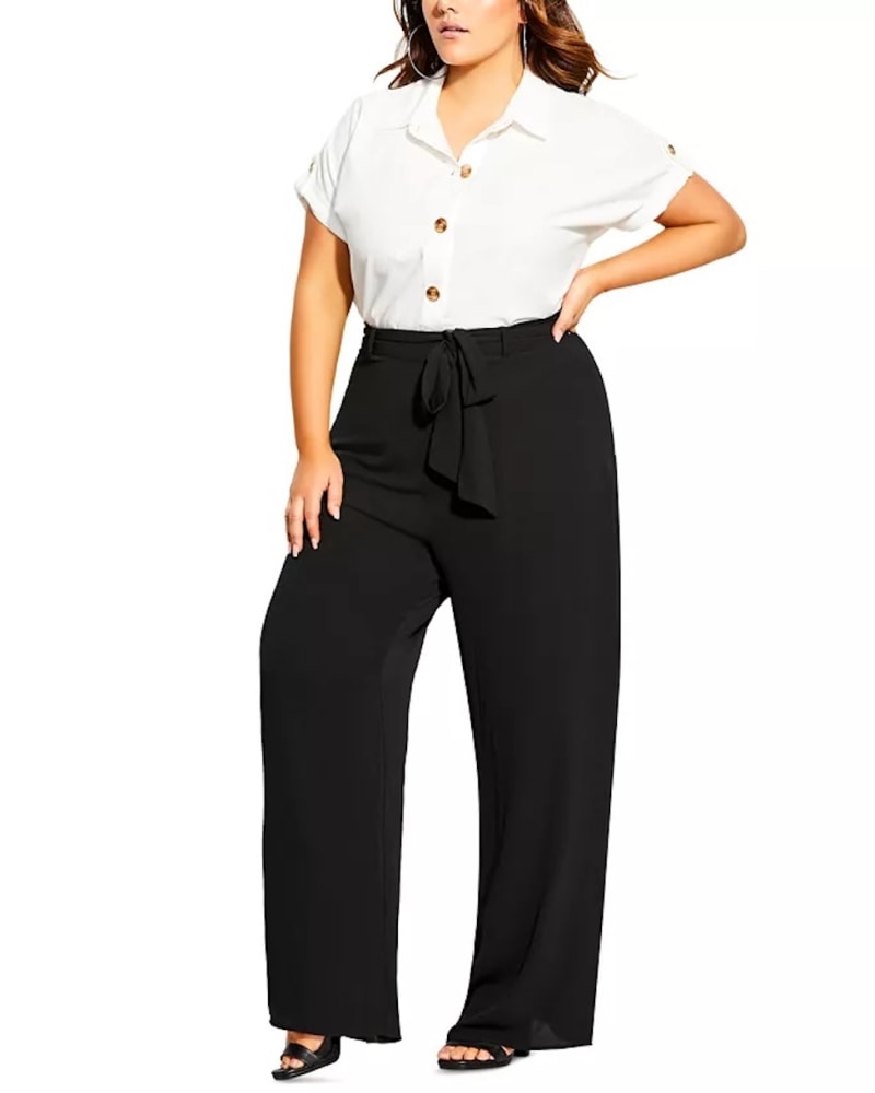 Front of a model wearing a size 22 City Chic Women's Trendy Tie-Waist Palazzo Pants Black 22 in Black by City Chic. | dia_product_style_image_id:306960